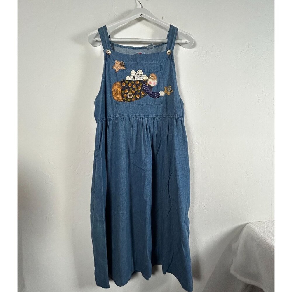Vintage Sunbelt Denim Jumper Dress Large Blue Folk Art Appliqué Art to Wear
